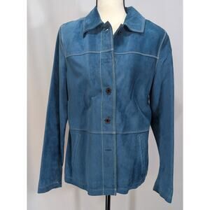 Vintage LL Bean Women Blue Suede Leather Jacket Button Front Lined Casual Size M